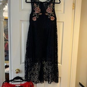 Black Lace Midi Dress with Pink Floral Embroidery